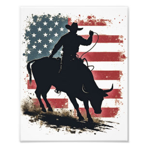 Cowboy Bull Rider Patriottische Amerikaanse vlag C Foto Afdruk