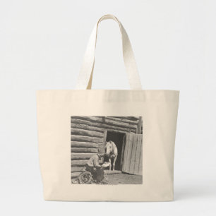 Cowboy die een brief leest met een paard grote tote bag