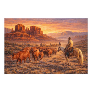 Cowboy die koeien hoedt bij zonsondergang foto afdruk