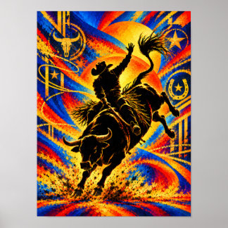 Cowboy die op een stier rijdt bij een rodeo silhou poster