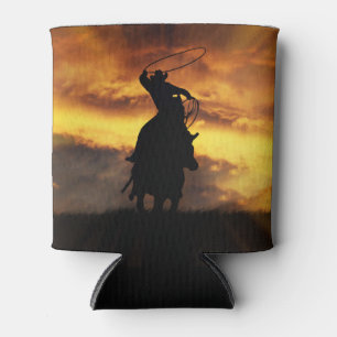 Cowboy die touwt met paard en zonsondergang blikjeskoeler