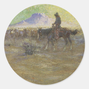 Cowboy die vee hoedt op de Range door Lon Megargee Ronde Sticker