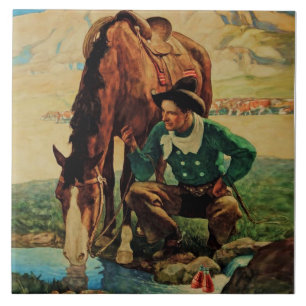 Cowboy die zijn paard water geeft door NC Wyeth Tegeltje