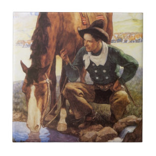 Cowboy die zijn paard water geeft door NC Wyeth, V Tegeltje