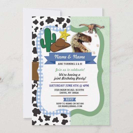 Cowboy & Dinosaur Boys Brothers Invitations d'anni (Devant)