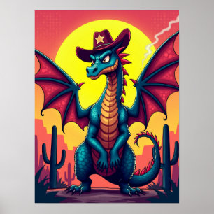 Cowboy Dragon Showdown - Grappige Pop Art Fantasy Poster