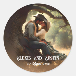 Cowboy en cowgirl kussen bruiloft ronde sticker