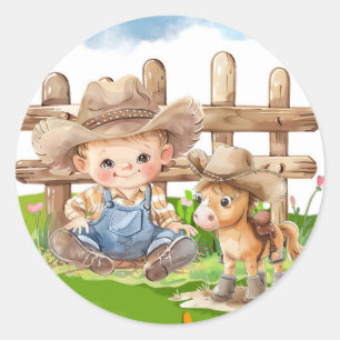 Cowboy en een Pony Horse Boy Baby shower Ronde Sticker