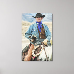 Cowboy en hond op paard canvas afdruk