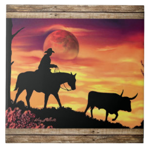 Cowboy en langhoornstier tegeltje