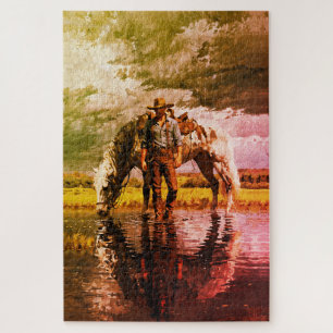 Cowboy en Paard Spiegelende Muurkunst – Western Legpuzzel