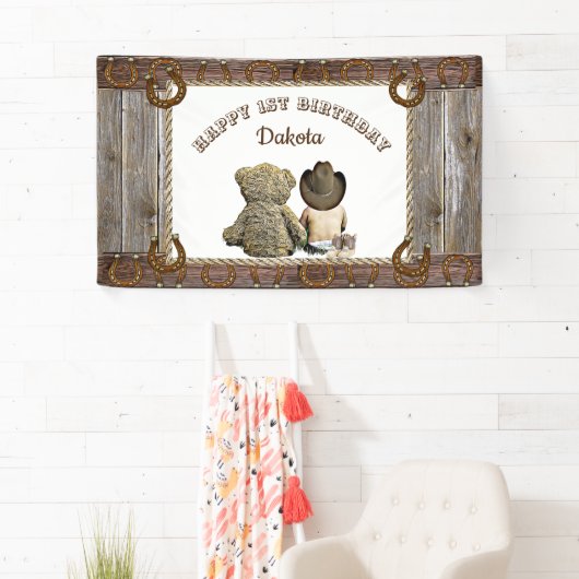 Cowboy en Teddy Beer 1e Verjaardagsfeestbanner Spandoek (Insitu)