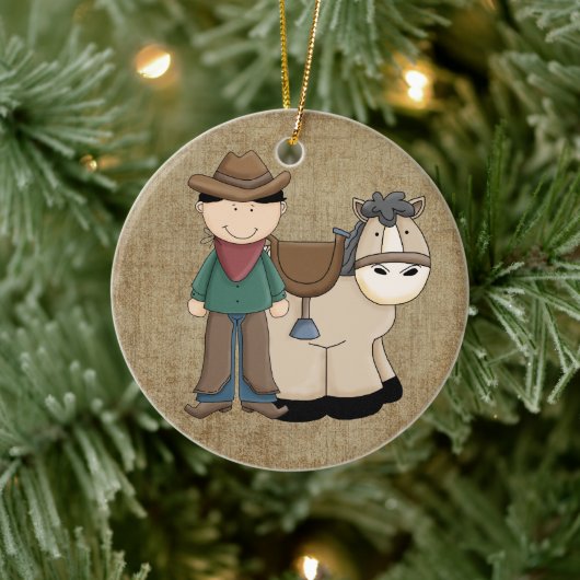 Cowboy en zijn Pony en Sheriff Badge Keramisch Ornament (Boom)