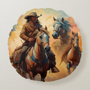 Cowboy et cheval collage Coussin rond