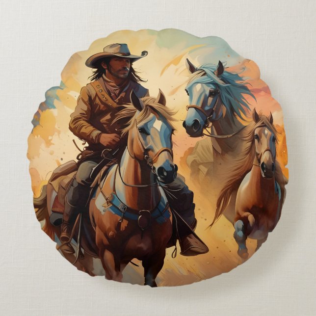 Cowboy et cheval collage Coussin rond (Devant)