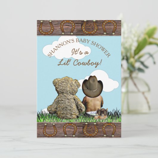 Cowboy Etnische Baby en Teddy Bear Baby shower Kaart (Staand voorkant)
