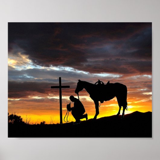 Cowboy gebedsilhouet met zonsondergang Poster (Voorkant)