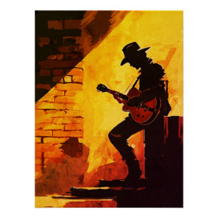 Cowboy Gitarist Wandkunst – Rustische Westerse Muz Perfect Poster
