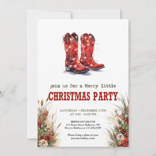 Cowboy Hat and Boots Christmas Party Invite Kaart (Voorkant)