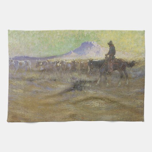 Cowboy Herding Cattle on the Range by Lon Megargee Theedoek (Horizontaal)