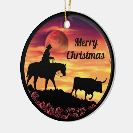Cowboy Herding Longhorn Steer Keramisch Ornament (Links)