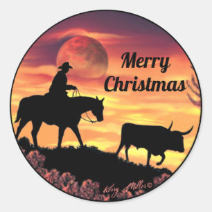 Cowboy Herding Longhorn Steer Ronde Sticker