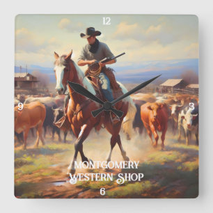 Cowboy Herding van runderen te paard Vierkante Klok