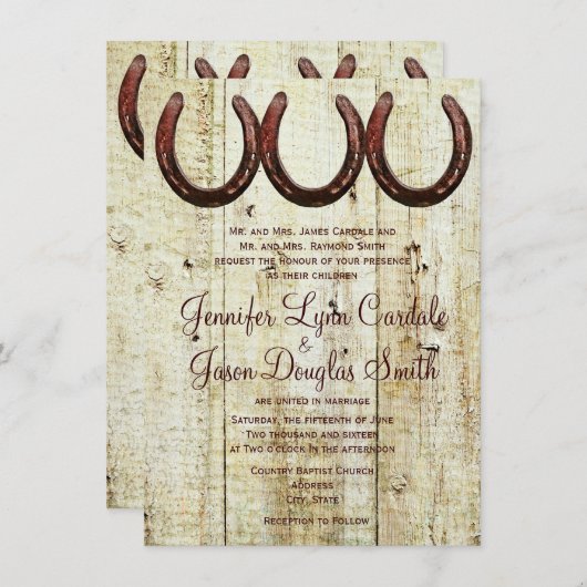 Cowboy Hoefijzers Barn Wood Wedding Invitations Kaart (Voorkant / Achterkant)