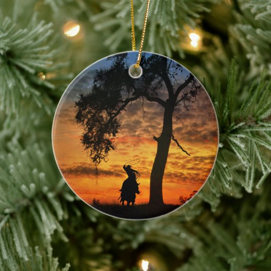 Cowboy Horse and Oak Tree Steer Roping Keramisch Ornament (Boom)