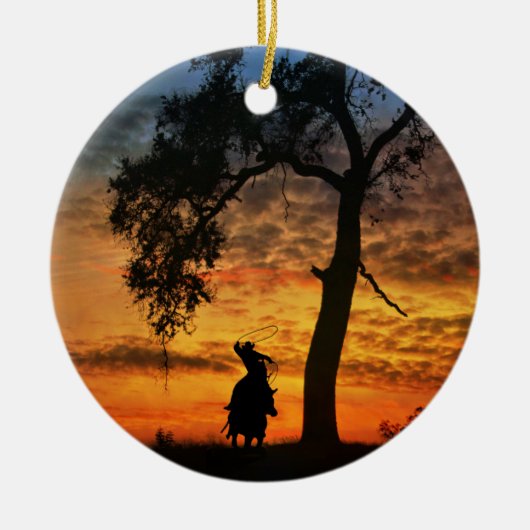 Cowboy Horse and Oak Tree Steer Roping Keramisch Ornament (Voorkant)