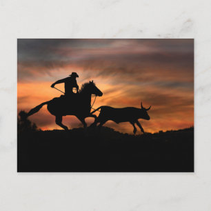 Cowboy Horse en Steer Southwestern Sunset Rodeo Briefkaart