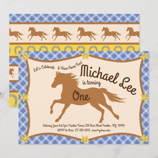 Cowboy Horse Pony Invitations d'anniversaire (Devant / Derrière)