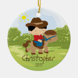 Cowboy Horseback Rider Boy kerstversiering Keramisch Ornament