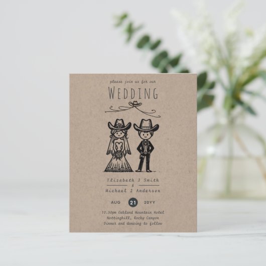 Cowboy-huwelijkscartoon Bruid Bruidegom Handgeteke (Staand voorkant)