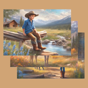 Cowboy Jong Jongen's Verjaardag Thema 3 Poster Inpakpapier Vel