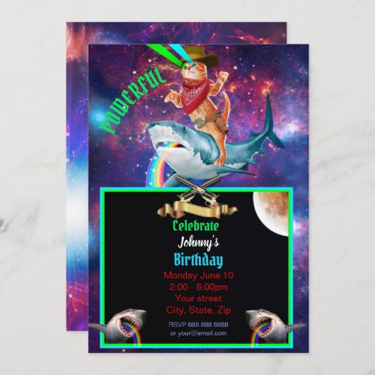 Cowboy kat en haai Galatic Grappig Uitnodiging (Voorkant / Achterkant)