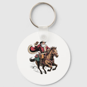 Cowboy Kerstman die op een paard rijdt Kerstmis Sleutelhanger
