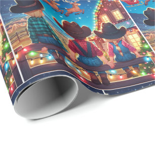 Cowboy Kinder op hek Santa vliegt over de schuur Cadeaupapier
