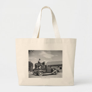 Cowboy met paard in een vrachtwagen grote tote bag