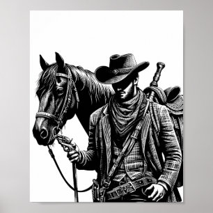Cowboy met paardenillustratie westerne kunst poster