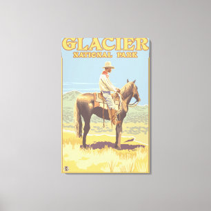 Cowboy on Horseback - Glacier National Park Canvas Afdruk