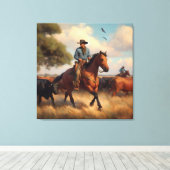 Cowboy op Bay Horse Canvas Afdruk (Insitu (Houten vloer))