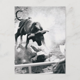 Cowboy op de grond na vallen van stier briefkaart