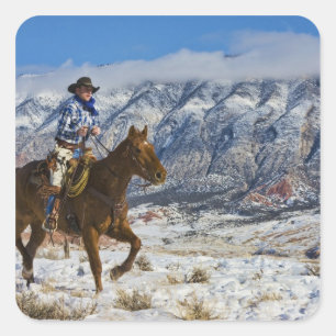 Cowboy op paard die leren chaps draagt vierkante sticker