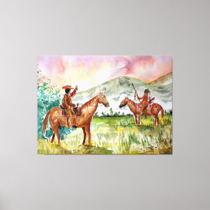 Cowboy op paard ontmoet Native American Canvas Afdruk