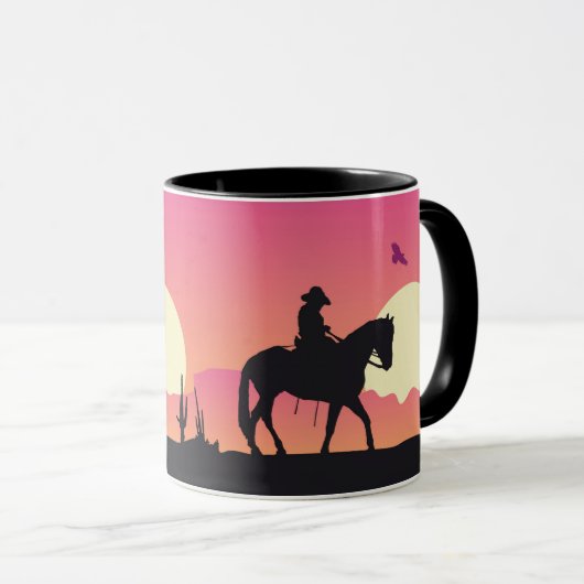 Cowboy, paard en roze zonsondergang woestijn mok (Voorkant rechts)