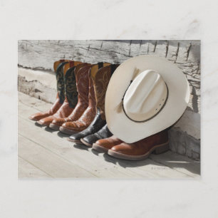 Cowboy pet op rij cowboylaarzen buiten een logboek briefkaart