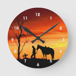 Cowboy Prière Silhouette Horloge murale