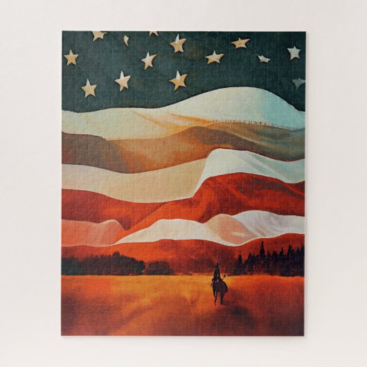 Cowboy Riding naar Flag Sunset Legpuzzel (Verticaal)