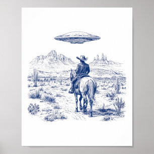 Cowboy Rijden Paard Ufo Boven Woestijn Cactus West Poster